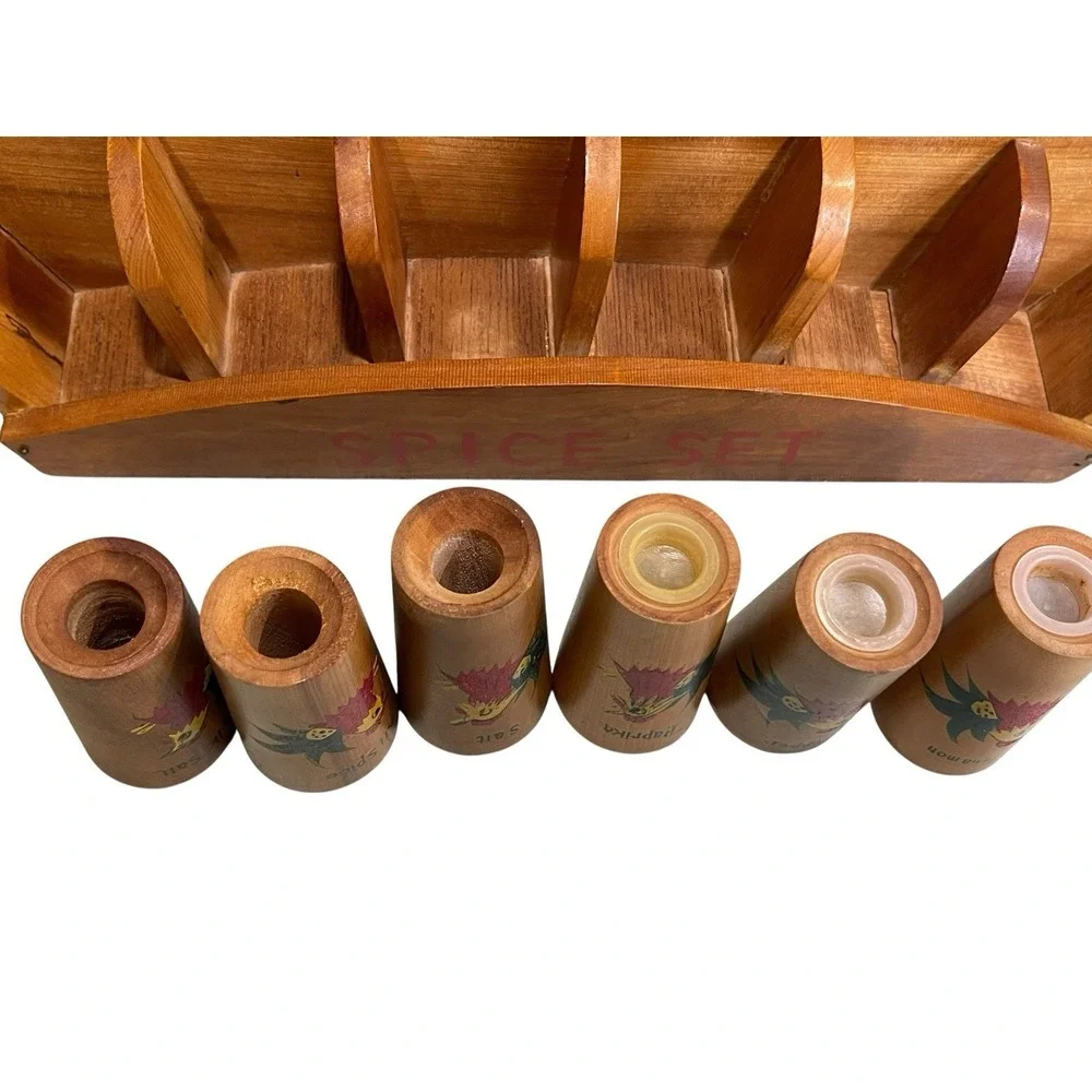 Vintage Wooden Spice Rack Rooster 6 Spice Containers Decor